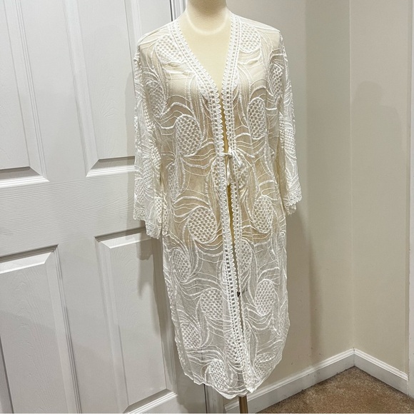 Lace Kimono Cream Sheer Embroidered One Size Layering Cover-Up - Picture 1 of 10